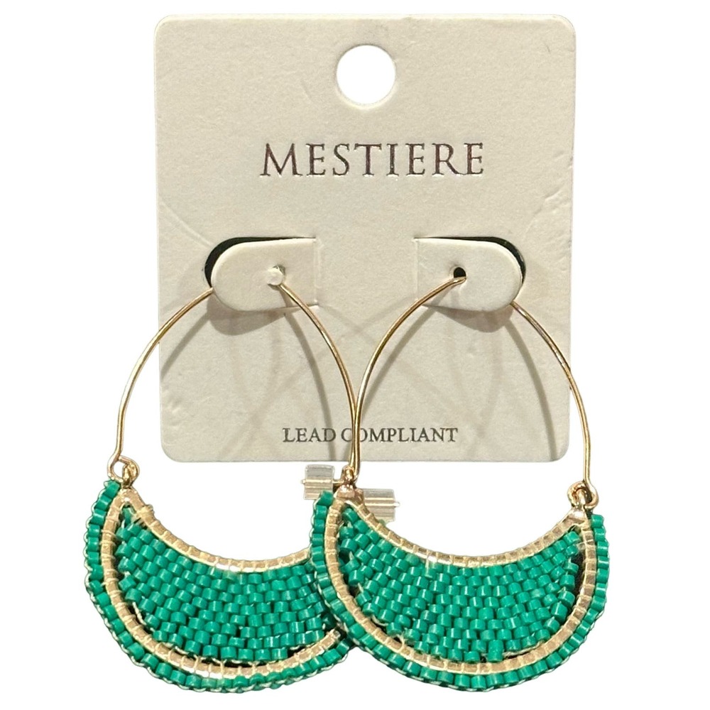Green Seed Beaded Half Moon Hoop Earrings W/Gold Hardware